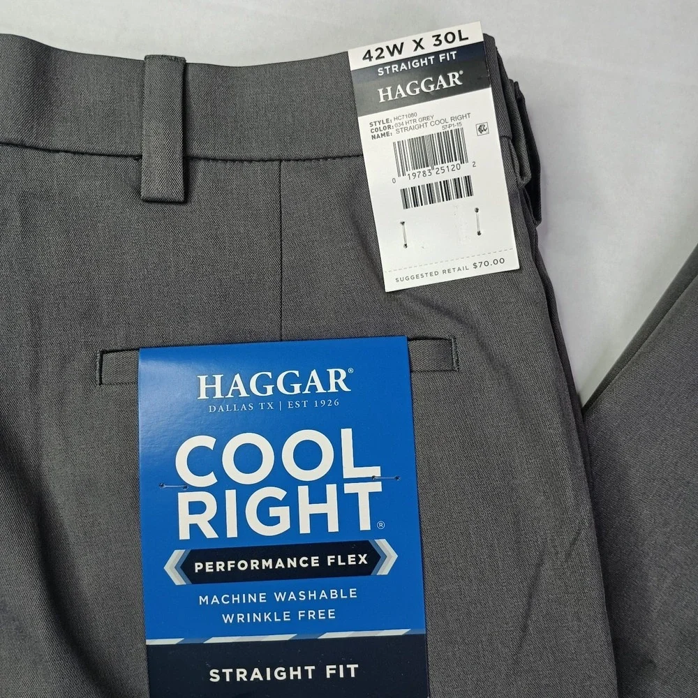 Haggar Cool Right Performance Flex Straight Fit Pants Men's Size 42x30 Gray New